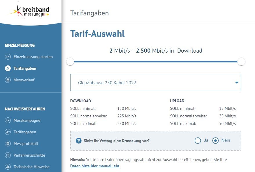 Breitbandmessung Tarifangaben